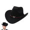 Western Cowboy Hat Chapeaux extérieurs larges bordure avec la sangle Monochrome Felt for Men Femmes Arrêt Top 240403