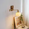 Wall Lamp IWHD Walnut Canopy Copper LED Beside Long Arm Left Right Rotate Ceramic Lampshade Bedroom Living Room Stair Light