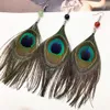 Bohemian Retro National Style Jewelry Jade Bead Long Design Peacock Feather Drop Earrings For Women Jewelry Accessories