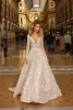 Berta Beloved Wedding Dresses Deep V-Neck Long Sleeves Full Lace Bridal Gowns Open Back Sweep Train A-Line Wedding Dress