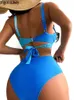 Vigoashely 2024 Blue Patchwork Bikini Set High Waist Hollow Swimsuit Women Sexy Strapped Swimwear Biquinis Push UP Bathing Suit