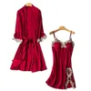 Robe patchwork en dentelle en satin set Femmes Silky 2pcs Sleepwear Sexy V-Neck Nightyrobe Set Femme Sleep Sleep Set Kimono