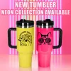 40oz sublimation Neon tumbler with handle lid straw big capacity glossy water bottle outdoor camping cup stainless steel vacuum insulated travel mugs 0411