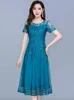 Mavi gündelik şifon örgü Kore uzun elbise yaz kadın tunikleri midi moda zarif balo gece elbise kısa kol 240407