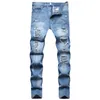 Jeans maschile stile hip hop in stile multipli patch valley osso blu vernice azzurra schiocco piccola gamba dritta