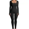 Sexy Frauen ein Stück Yoga -Overall -Training Training Damen Square Neck Slim Fit Unitard Catsuit gerippte Langarm Sportbodysuit