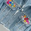 Women Short Denim Jacket Coat Spring New Pearl Diamonds Chain Tassel Frayed Burrs Hem Half Sleeve Female Jeans Jacket Streetwear