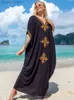 Basic Casual Dresses Causal Embroidered V-neck Black Plus Size Kaftan Dress For Women 2024 Summer Boho Clothes Beach Wear Maxi Dresses Robe Q1373 L49