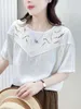 Blouses voor dames lente katoenen borduurwerk vrouwen o nek korte mouw mode topmeisje literatuur hollow out blouse 2024 herfst t441119qc