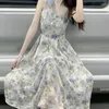 Casual Dresses 2024 Spring French Style Camisole Midjeband Womens Dress Sweet Print Ribbon Fairy Ruffled A-Line Midi Ladies 30806