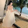 Casual Dresses 2024 3D Flower Crowd Sling Back Romantic Vacation Pography Tian Si Dress Beach Style Super Beautiful Long Summer