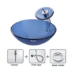 Badrum tvättfallglas diskbänk konstbassäng Blue Tempered Glass Basin Round Transparent tvättbassäng tvättstuga med kran