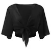 Women's Blouses Women Tops Tie Front Chiffon Lace Clothes Short Sleeve Cropped Sheer Bolero Cardigan Black Cover Up For Summer 2024