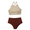 Femmes Bikini Set High Waited Sumy Summer Beach Wear Wear Bandage Femme de bain Femme Femme Corée Tankini Set Solid Swimswear 2023