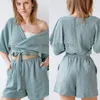 Summer Full Gauze Short Sleeve Tops Shorts Two-Piece Pajamas Sexy V-Neck Wrap Binding Crop Pijama Set Casual Home Clothes