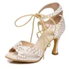Summer Latin Dance Shoes Soft Sole Pearl Diamond Exercise Mid Heel Sandals 240403