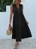 Jim Nora Casual Summer Midi Robe Femme sans manches Tank V Boutons Neck Ruffle Robes Loose Bel