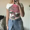 Koszule damskie 2024 Moda Summer Slim Crop Tops krótki rękaw łódka szyi róża rose druk imprezowy T-shirt Streetwear