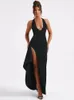 Mozision Deep V Neck Sear High Split Maxi Платье Женщины без рукавов Backcon Club Party Sexy Long 240411