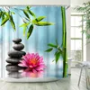 シャワーカーテンゼンバスルームカーテン瞑想ロータスランドスケープグリーン竹の花の石の寸法の花キャンドルパーティションの装飾
