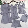 Femmes SleepingWear Sexy Lace Trim 5pcs Pajamas Set Pyjama Pour femme printemps d'été