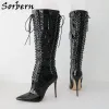 Sorbern Bottes noires brillantes personnalisées Femmes Femme High Multi Lace Up Boches Bottes High Talon Stilettos Point Toe Shoes