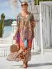 Основные повседневные платья 2024 Boho Print Press Pring Press Casual Summer Clothing для женщин Сексуальная V-образная рукава Batwing Beach Peach Wear Maxi Plays Roy Sarong Q1476 L49