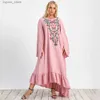 Basic Casual Dresses Boho Curve Dress for Women Middle East Fashion Arabian Plus Size Female Robe Pink Embroidered Dress Muslim Prayer Ethnic Dress L49