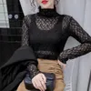 Neue transparente Frauen Spitze Strickbluse O-Neck Female Bottoming Blusen S-XL Billigere Tops Kawaii T-Shirt Schwarz Weiß