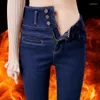 Jeans pour femmes plus taille 5xl épaissison d'hiver femme bouton haute taille velours skinny pantalon denim en peluche