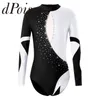 Kids Ice Skating Jumpsuit Children Gymnastics Leotard for Girls Open Back Long Sleeve Shiny Rhinestone Ballet Dance Leotards