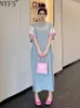 パーティードレスNYFS 2024夏の韓国女性ドレスベスティドスローブエルビーズルーズプラスサイズ半袖ポケットスリット長