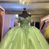 Sage Green Sweet 16 Quinceanera Dress Off Shoulder Appliqued Ball Gown Butterfly Tull Princess Party Birthday Dress Vestidos De