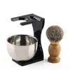 3pcs Shaving Badger Brush Stand Bowl Kit, 22mm, Barber Wood Handle Brush, Clear Acrylic Stand, Bowl Set for Men Wet Shaving Gift