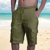 Men's Shorts 2024 White Cotton Linen Men Summer Casual Multi-Pocket Sport Mens Fashion Elastic Waist Breathable Beach