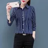 Kvinnors blusar skjortor vintage randiga tryckta affärer casual office lady knapp up skjorta vår sommar ny mode lapel smal blus topp kvinnor blues 240411