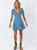 Casual Dresses Pastoral Vacation Style Deep V Slim Look A-Line Kort ärm klänning