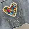 Women Short Denim Jacket Coat Spring New Pearl Diamonds Chain Tassel Frayed Burrs Hem Half Sleeve Female Jeans Jacket Streetwear