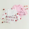 Ewodos Toddler Infant Girls Bodysuits Sweet Strawberry Print Tulle Mesh Patchwork långärmad jumpsuits Klänningar Kid Fall Clothes