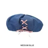 Berets Pink Bow Denim Cotton Bows Cross Strap Octagonal Cap Women Girls Korean Sweet Painter Hats Fashion Versatile Casual Beret