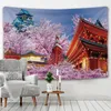 Tapestries Fluorescent Japanese Tapestry Laacco With Pink Cherry Blossom Wall -mounted Fuji Ancient Temple Printing Home Decoration