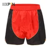 Mens Satin Boxer Shorts Color Block Sexy Underwear Elastic Waist Boxing Training Running Sport Trunks Smooth Silk Pajamas Shorts