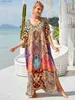 Basic Casual Dresses 2024 Boho Printed Dress Casual Summer Clothing For Women Sexy V-Neck Batwing Sleeve Beach Wear Maxi Dresses Robe Sarong Q1476 L49