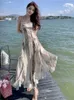 Sukienki swobodne damskie atrament drukowana szyfonowa sukienka midi vintage bez rękawów Slim Fashion Summer Boho Backless Holiday Beach szata
