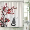 Coucons de douche à oiseaux de fleurs Bambou Green Bamboo Red Floral Mountain Ink Landscape Bath rideau Curtain Tissu de salle de bain Décor de salle de bain avec crochets