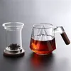 Mugs 450ml Diamond Shape Heat-Resistant Glass Tea Cup With Walnut Wooden Handle Lid Inner Filter Flower Water Separation Mug