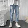 Men's Jeans Men Jeans Plus Size 5XL Straight Loose Hole Ankle Length Elastic Waist Solid All-match Trendy Males Leisure Chic Baggy Vintage L49