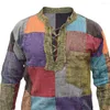 Herren -T -Shirts Herren Shirt Patchwork Schnürung Vintage Buntes Langarm Herbst -Top für tägliche Kleidung