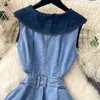 Casual jurken Designer denimjurk vrouwen lange met een enkele borsten borte big turn down kraag taille afslank temperament split a-line vestidos