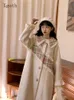 Xgoth Women Lace Splice Woolen Coat 2023 New Winter Exhims Slim Simm Girl Jacket Preppy Mid Length Over Knee Trench Coat